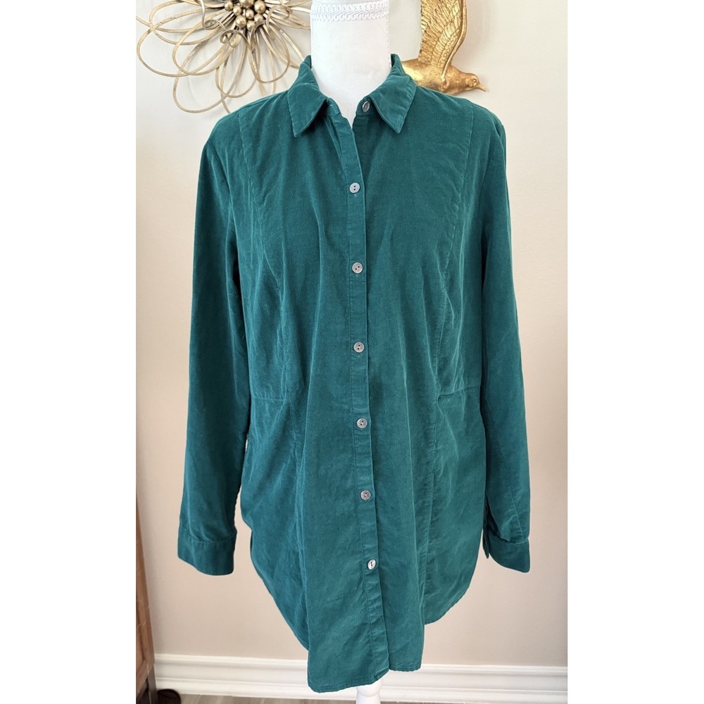 J Jill Corduroy Tunic Shirt Medium Teal Green Button Front Pockets Cotton